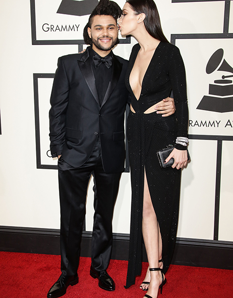Model Bella Hadid and The Weeknd arrive at The 58th Grammy Awards Red Carpet