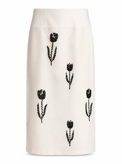 Cremefarbener Pencil Skirt mit schwarzen Blumen aus Perlen