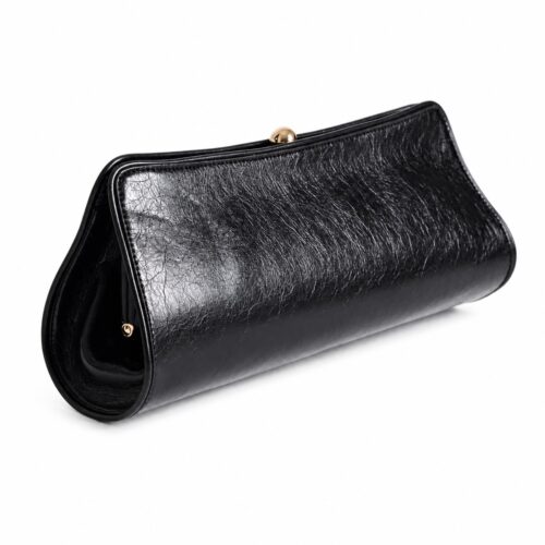 Längliche schwarze Clutch mit goldenem Bügelverschluss