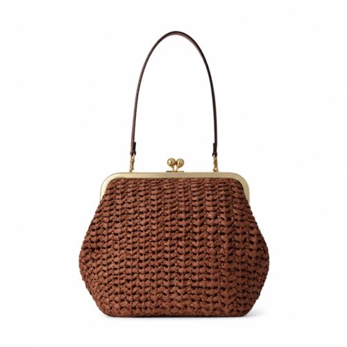 Braune Coach Frame Bag in Flechtoptik mit goldenem Kiss-Lock-Verschluss