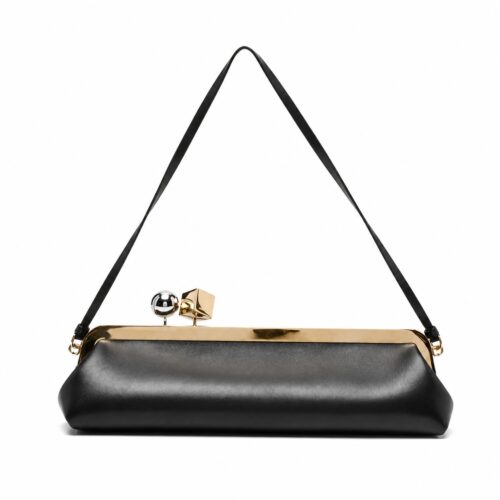 Schwarze Jacquemus Schultertasche mit goldenem Rahmen und skulpturalem Kiss-Lock-Verschluss