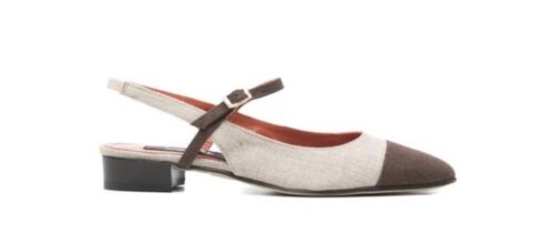 Beige-brauner Cap-Toe Slingback mit niedrigem schwarzem Absatz