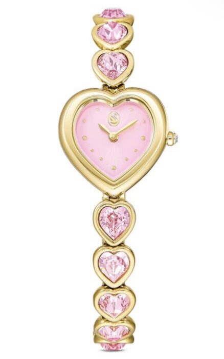 Goldfarbene Swarovski Idyllia Uhr mit rosafarbenem Herz-Zifferblatt
