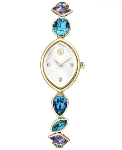 Goldfarbene Swarovski Gema Uhr mit blauen, türkisen und violetten Kristallen
